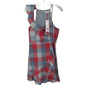 NWT Parker Plaid Blue Red Sundress Ruffle Strap Sleeveless Sml Linen Cotton